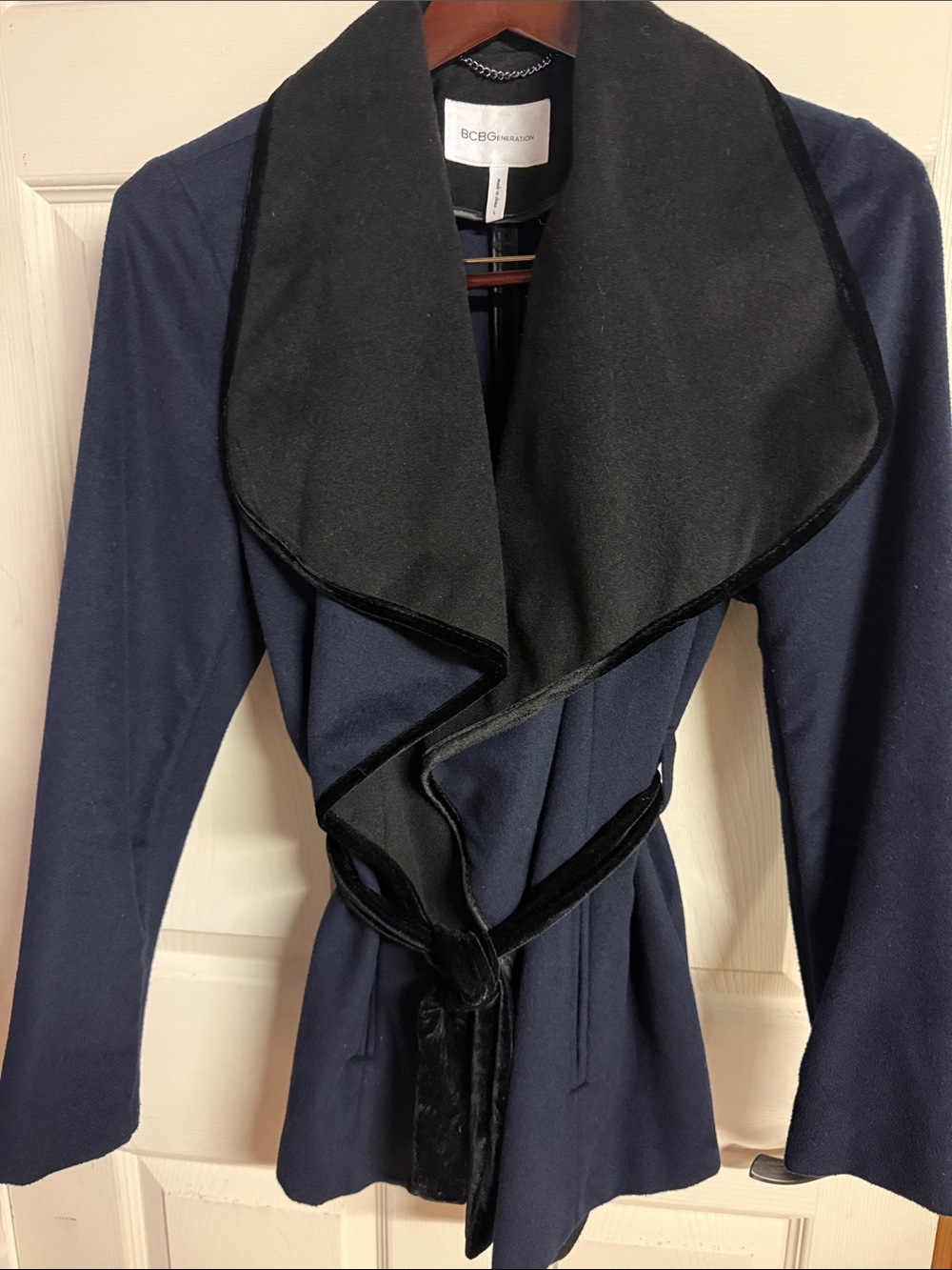 BCBGMaxAzria Navy Trench Coat with Black Draped Collar